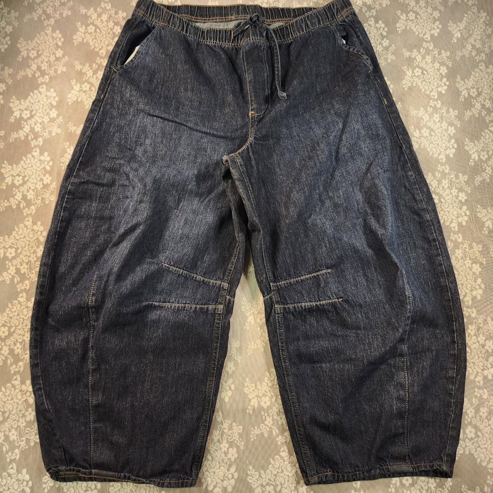 Old Navy XL Blue Cotton Barrel Leg Elastic Waist Drawstring Denim Jeans Cropped